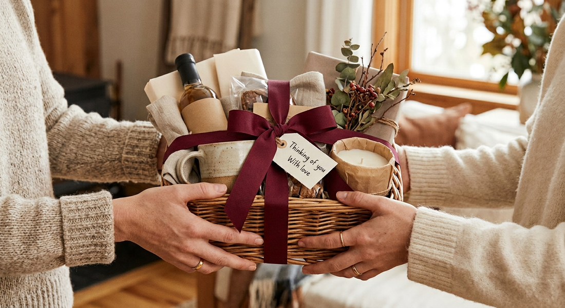 Two people exchanging a wicker gift basket tied with a burgundy ribbon, filled with wine, a mug, a candle and gourmet treats, with a tag that reads Thinking of You With Love