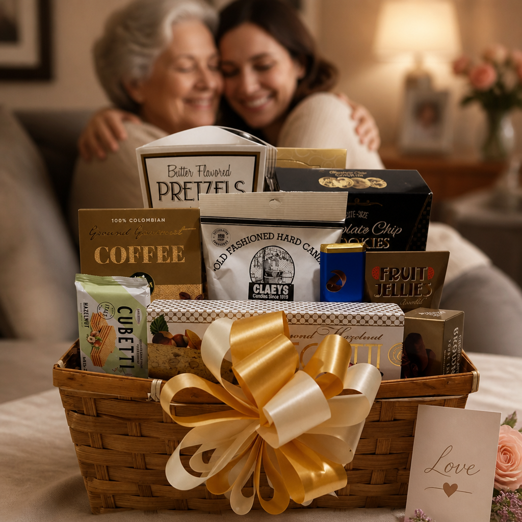 Two women embracing warmly behind a Thinking of You gift basket filled with gourmet treats, tied with a gold ribbon bow, with a Love card tucked beside it