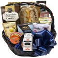 Grand Tastes Gift Basket with smoked salmon, cheeses, olives, bruschetta and sweets in a dark wicker basket with handle.
