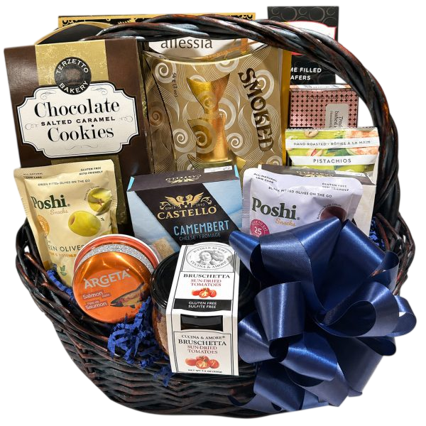 Grand Tastes Gift Basket with smoked salmon, cheeses, olives, bruschetta and sweets in a dark wicker basket with handle.
