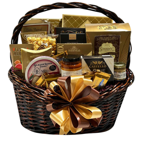 Above and Beyond gourmet basket with smoked salmon, Brie, chocolates, cookies and snacks in a large dark wicker basket