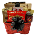 Celebrate and Appreciate gourmet basket with smoked salmon, cheese, biscotti and snacks in a red woven basket