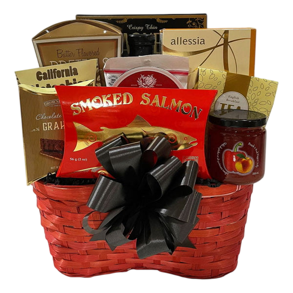 Celebrate and Appreciate gourmet basket with smoked salmon, cheese, biscotti and snacks in a red woven basket