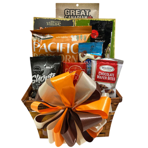 BBQ Chef Snacker gift basket with a variety of gourmet snacks including popcorn, chocolate wafer bites, cookies, and cheese, tied with a large orange, cream, and brown bow.