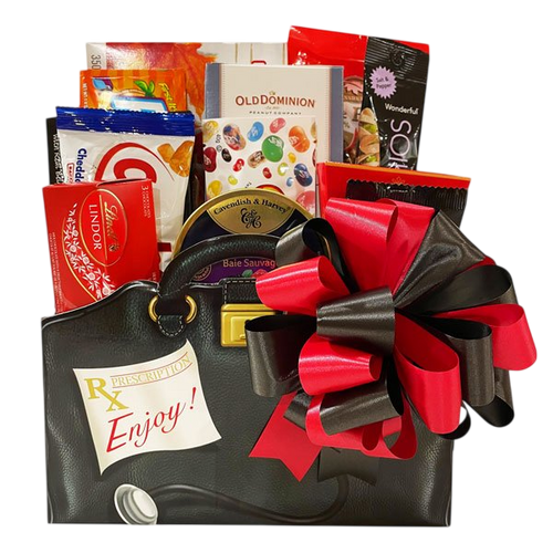 Feel Better Gift Basket featuring a stylish black purse-shaped container adorned with a large red and black bow, filled with gourmet snacks including chocolates, cookies, cheese, and popcorn, perfect for thoughtful gift delivery in Canada.