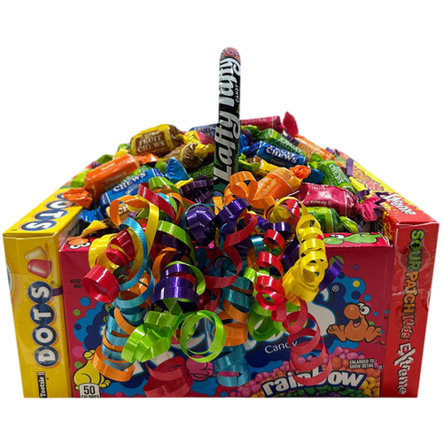 Bright and colorful Candy Basket filled with assorted chewy candies, chocolate, and sour treats, adorned with festive multicolored curly ribbons for a joyful gift experience.